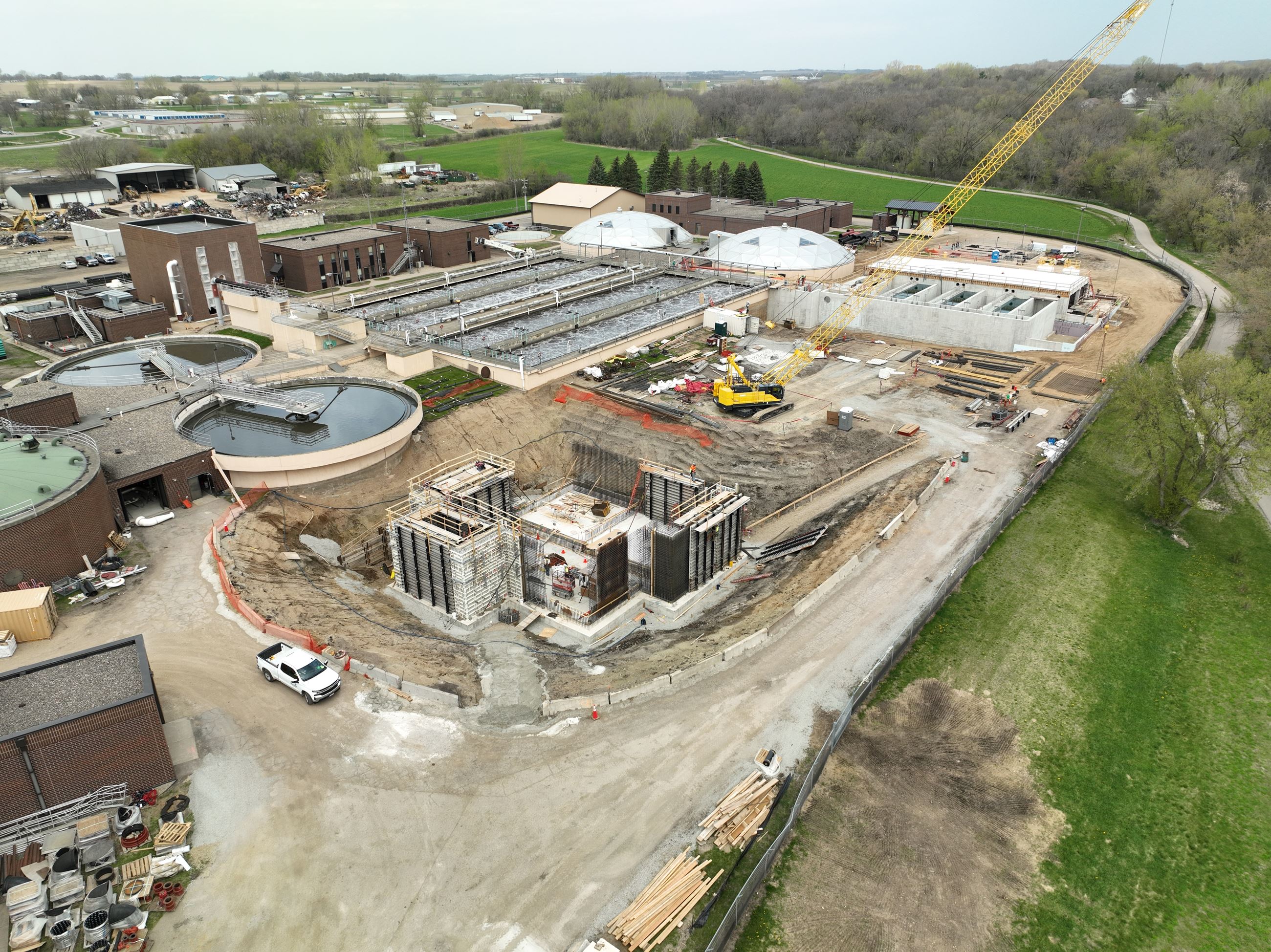 Aerial view of wastewater treatment facility foundation in progress