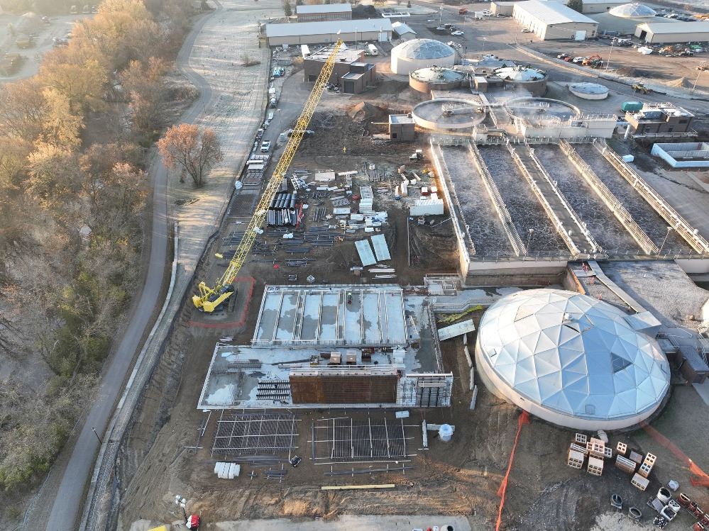 Aerial of wastewater treatment building construction in progress