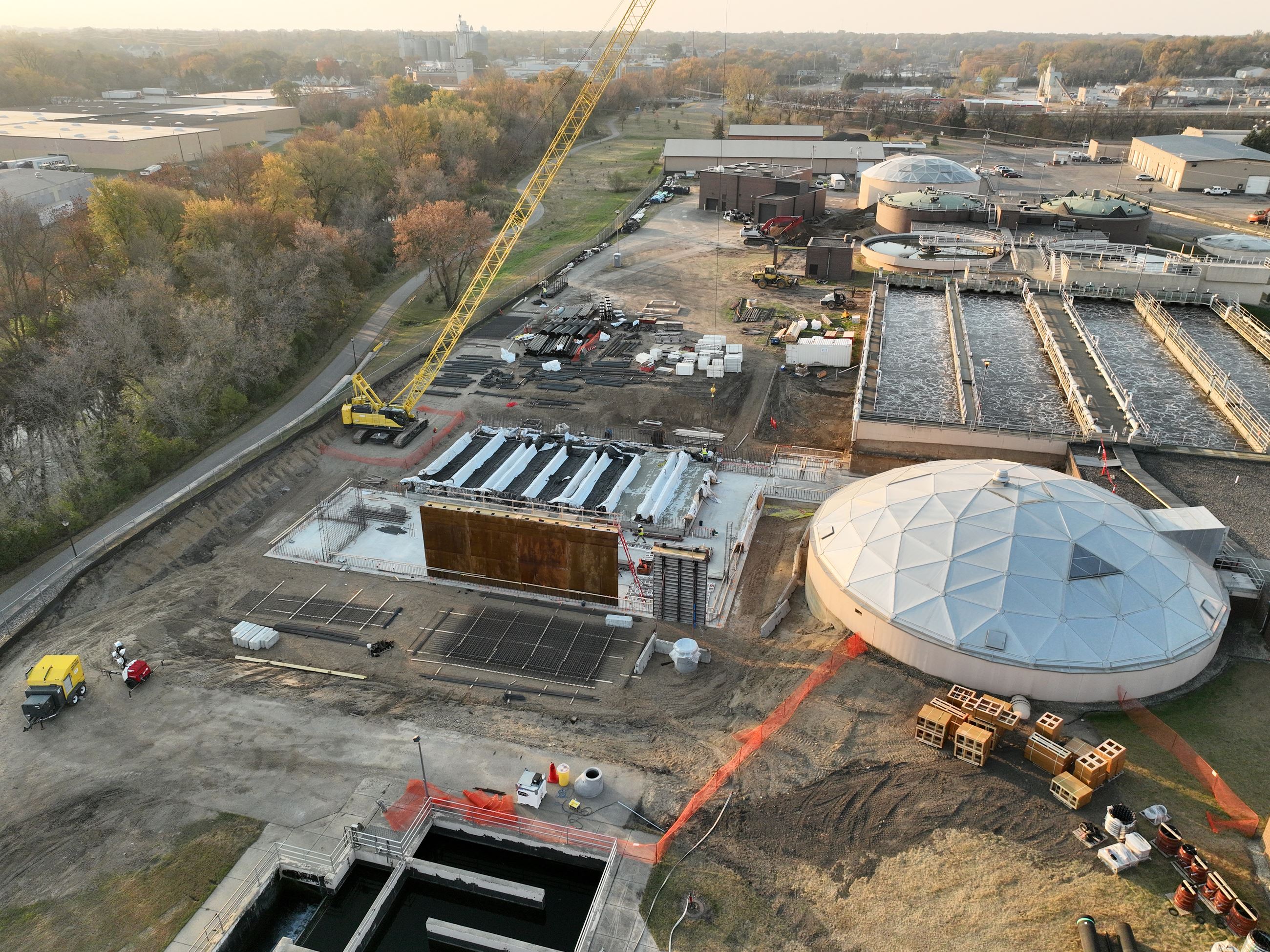 Aerial of wastewater treatment building construction in progress