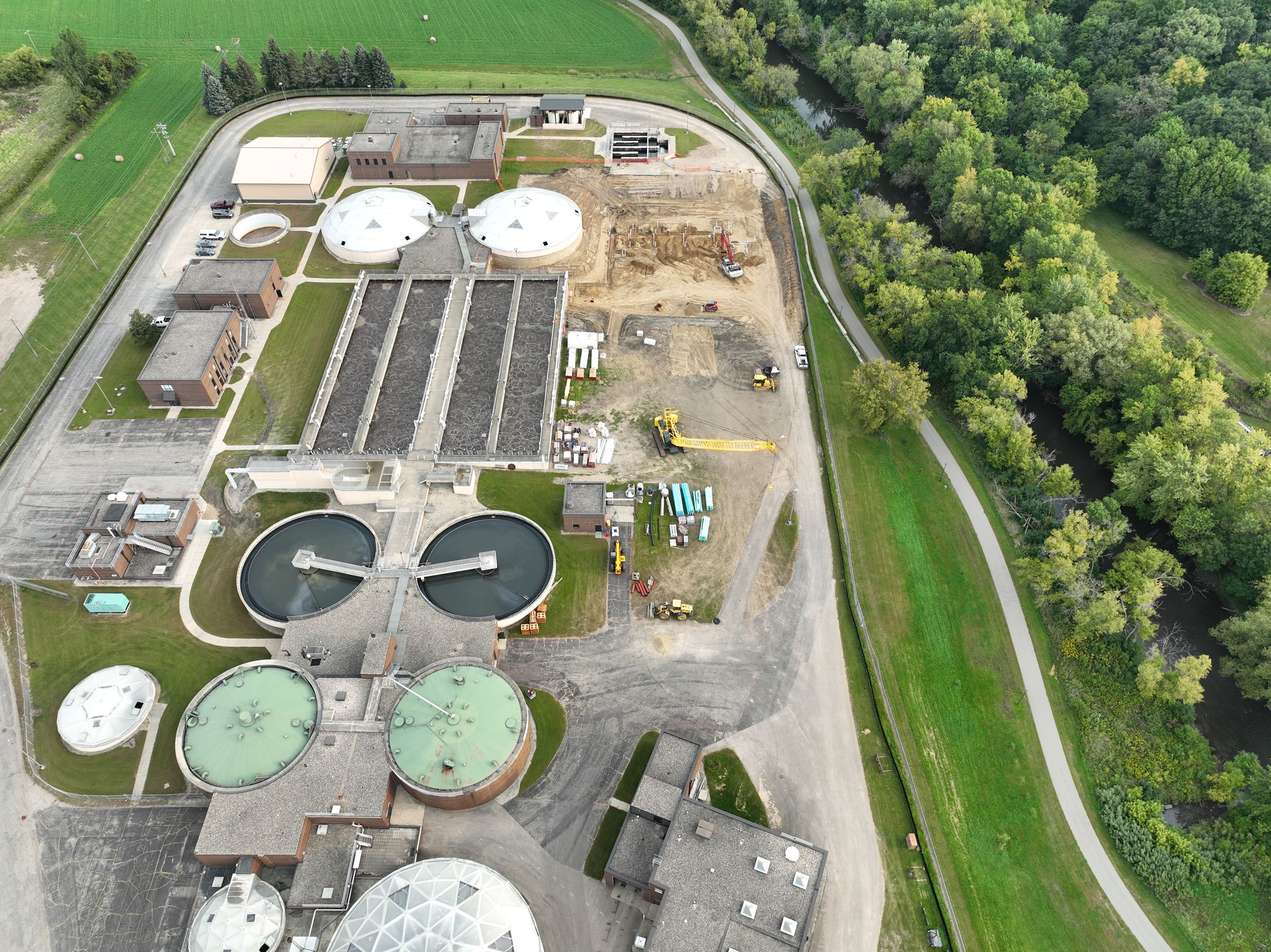 Aerial of wastewater treatment building construction in progress