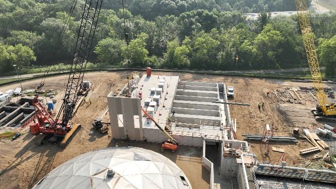 Aerial of wastewater treatment building construction in progress