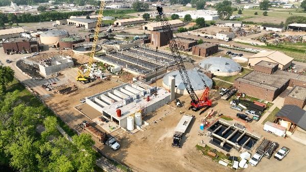 Aerial of wastewater treatment building construction in progress