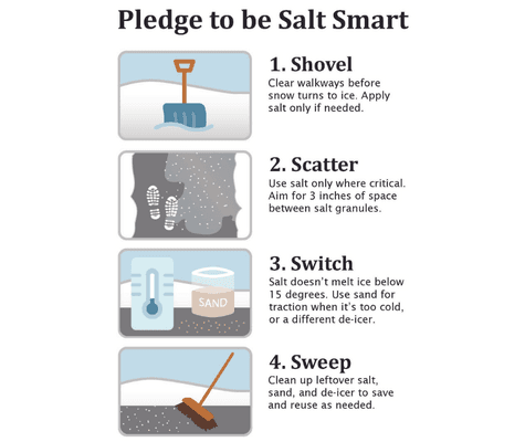 Pledge to be salt smart. 1. Shovel 2. Scatter 3. Switch 4. Sweep